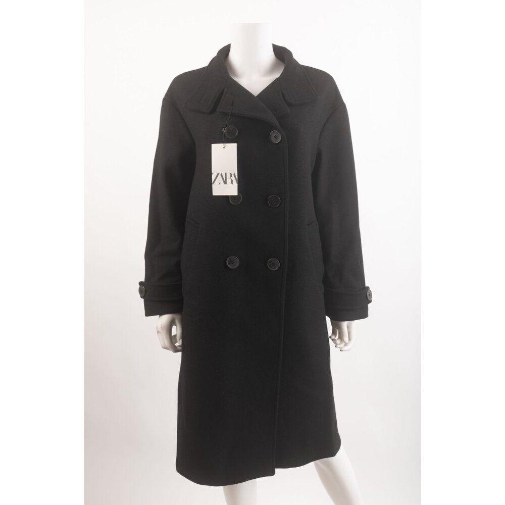 Zara Womens Wool Peacoat Longline Coat S Small Black 9174/141 NWT